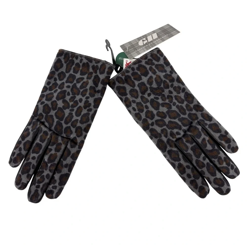 CII Fashion Accessories Women Leopard Faux Fur Leather Palm Gloves Grey‎ Large